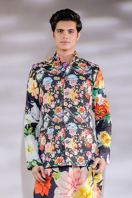 Shop_Jubinav Chadha_Black Cotton, Crepe Floral Print Bundi And Kurta Set _Online_at_Aza_Fashions