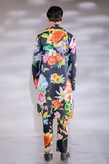 Shop_Jubinav Chadha_Black Cotton, Crepe Floral Print Kurta Set _at_Aza_Fashions