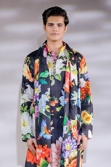 Shop_Jubinav Chadha_Black Cotton, Crepe Floral Print Kurta Set _Online_at_Aza_Fashions