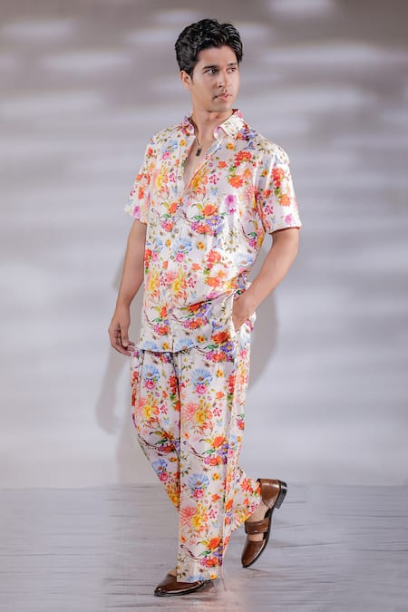 Jubinav Chadha_Pink Floral Printed Cotton Silk Shirt And Pant Set _Online_at_Aza_Fashions