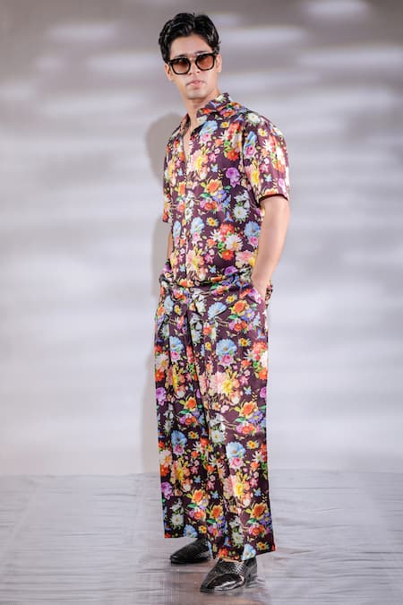 Jubinav Chadha_Wine Cotton, Silk Embroidery Floral Print Co-ord Set _Online_at_Aza_Fashions