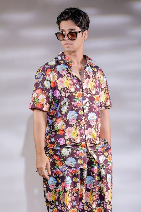 Buy_Jubinav Chadha_Wine Cotton, Silk Embroidery Floral Print Co-ord Set _Online_at_Aza_Fashions