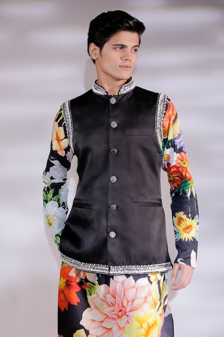 Shop Jubinav Chadha Black Cotton, Silk Pearls Floral Embroidered Bundi And Kurta Set Online at Aza Fashions Shop_Jubinav Chadha_Black Cotton, Silk Pearls Floral Embroidered Bundi And Kurta Set _Online_at_Aza_Fashions