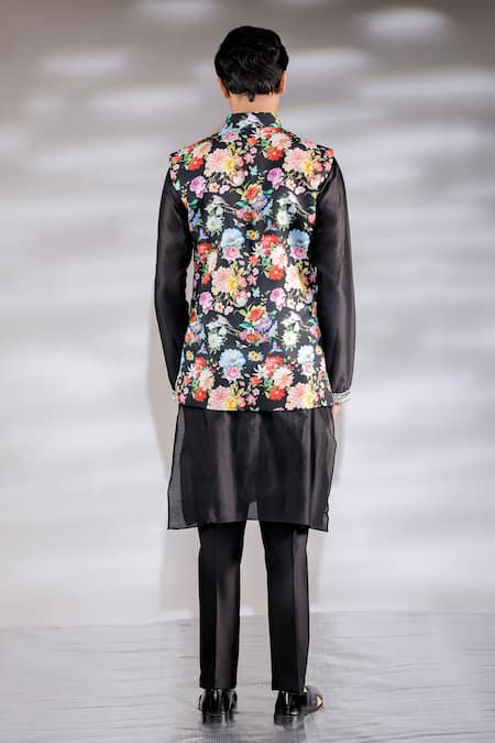 Shop_Jubinav Chadha_Black Cotton, Silk Embroidery Floral Print Bundi And Kurta Set _at_Aza_Fashions