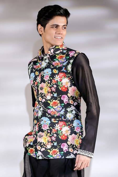 Buy_Jubinav Chadha_Black Cotton, Silk Embroidery Floral Print Bundi And Kurta Set _Online_at_Aza_Fashions
