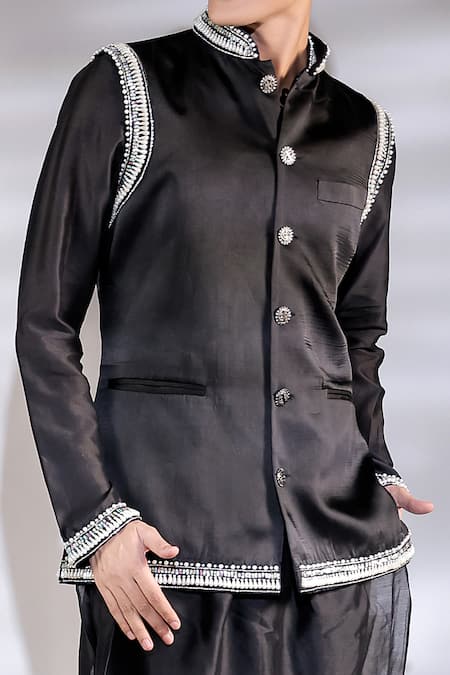 Jubinav Chadha Black Cotton, Silk, Satin Pearls Embroidered Bundi And Kurta Set Online at Aza Fashions Jubinav Chadha_Black Cotton, Silk, Satin Pearls Embroidered Bundi And Kurta Set _Online_at_Aza_Fashions