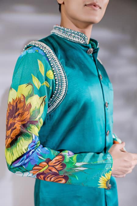 Buy Jubinav Chadha Green Cotton, Silk, Satin Pearls Floral Embroidered Bundi And Kurta Set Online at Aza Fashions Buy_Jubinav Chadha_Green Cotton, Silk, Satin Pearls Floral Embroidered Bundi And Kurta Set _Online_at_Aza_Fashions