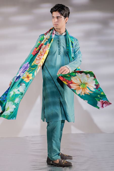 Jubinav Chadha Green Cotton, Silk, Satin Embroidery Kurta Pyjama Set Online at Aza Fashions Jubinav Chadha_Green Cotton, Silk, Satin Embroidery Kurta Pyjama Set _Online_at_Aza_Fashions