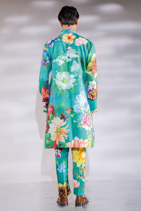 Shop_Jubinav Chadha_Green Cotton, Silk Embroidery Printed Kurta Pyjama Set _at_Aza_Fashions