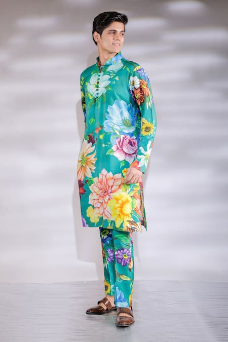 Jubinav Chadha_Green Cotton, Silk Embroidery Printed Kurta Pyjama Set _Online_at_Aza_Fashions