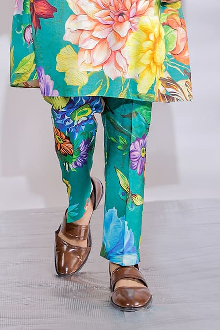 Shop_Jubinav Chadha_Green Cotton, Silk Embroidery Printed Kurta Pyjama Set _Online_at_Aza_Fashions