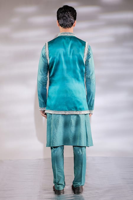 Shop_Jubinav Chadha_Green Cotton, Silk, Satin Pearls Embroidered Bundi And Kurta Set _at_Aza_Fashions