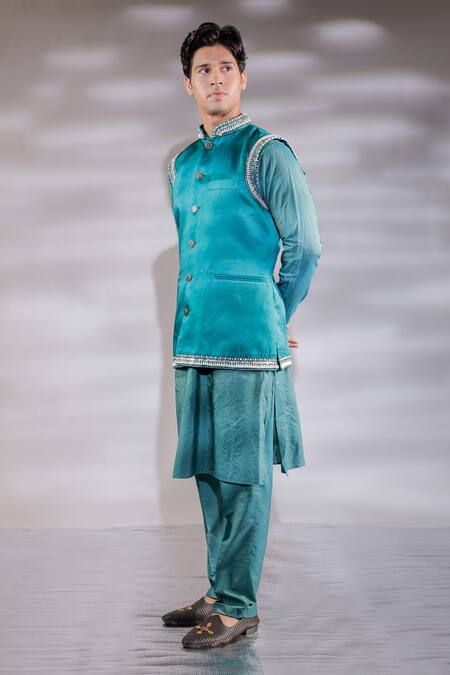 Jubinav Chadha_Green Cotton, Silk, Satin Pearls Embroidered Bundi And Kurta Set _Online_at_Aza_Fashions