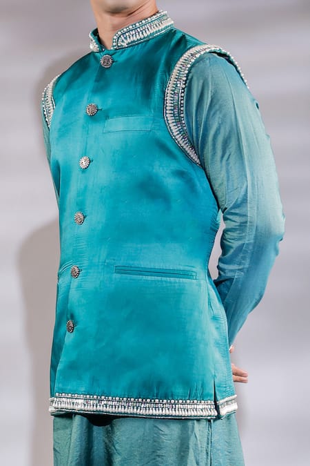 Buy_Jubinav Chadha_Green Cotton, Silk, Satin Pearls Embroidered Bundi And Kurta Set _Online_at_Aza_Fashions