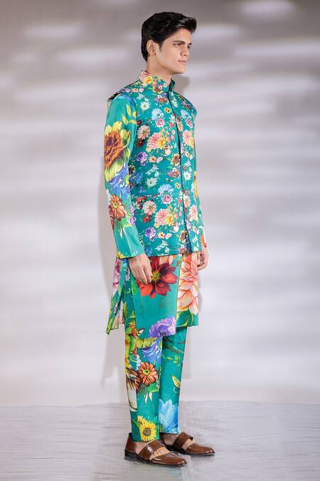 Shop_Jubinav Chadha_Green Cotton, Crepe Embroidery Floral Print Bundi And Kurta Set _at_Aza_Fashions