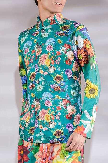 Jubinav Chadha_Green Cotton, Crepe Embroidery Floral Print Bundi And Kurta Set _Online_at_Aza_Fashions