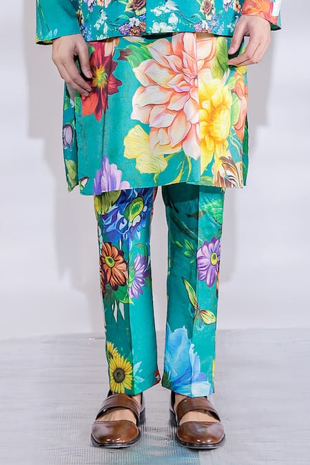 Buy_Jubinav Chadha_Green Cotton, Crepe Embroidery Floral Print Bundi And Kurta Set _Online_at_Aza_Fashions