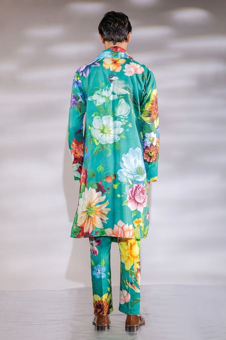 Shop Jubinav Chadha Green Cotton, Silk Embroidery Floral Print Kurta Pyjama Set at Aza Fashions Shop_Jubinav Chadha_Green Cotton, Silk Embroidery Floral Print Kurta Pyjama Set _at_Aza_Fashions