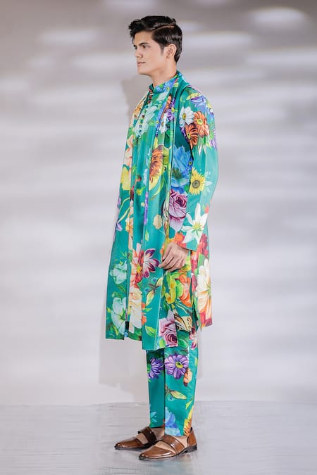 Jubinav Chadha Green Cotton, Silk Embroidery Floral Print Kurta Pyjama Set Online at Aza Fashions Jubinav Chadha_Green Cotton, Silk Embroidery Floral Print Kurta Pyjama Set _Online_at_Aza_Fashions