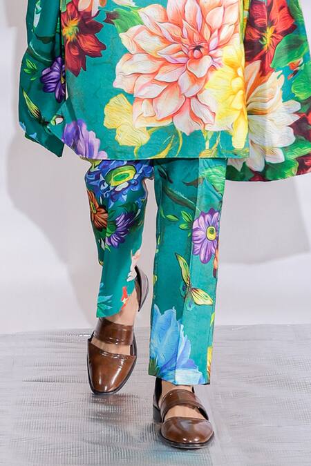 Shop Jubinav Chadha Green Cotton, Silk Embroidery Floral Print Kurta Pyjama Set Online at Aza Fashions Shop_Jubinav Chadha_Green Cotton, Silk Embroidery Floral Print Kurta Pyjama Set _Online_at_Aza_Fashions