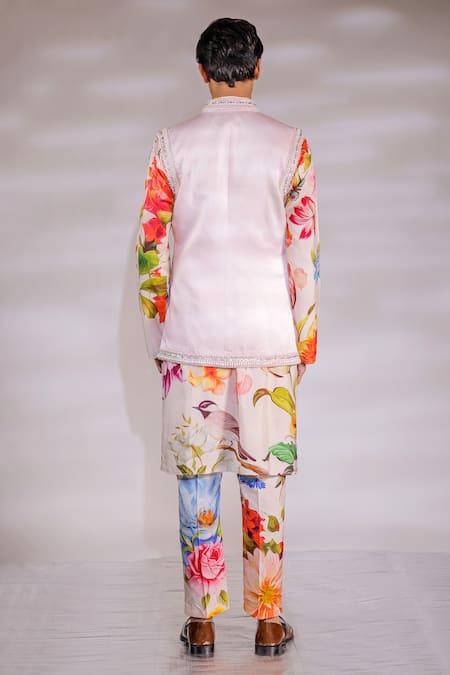 Shop_Jubinav Chadha_Pink Cotton, Silk, Satin Pearls Embroidered Bundi And Printed Kurta Set _at_Aza_Fashions