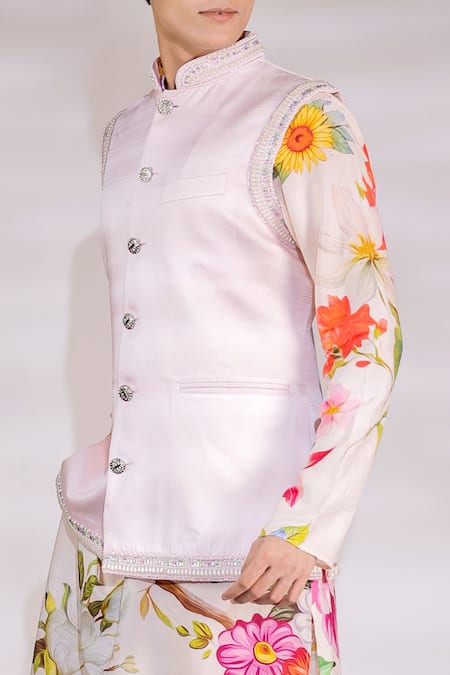 Buy_Jubinav Chadha_Pink Cotton, Silk, Satin Pearls Embroidered Bundi And Printed Kurta Set _Online_at_Aza_Fashions