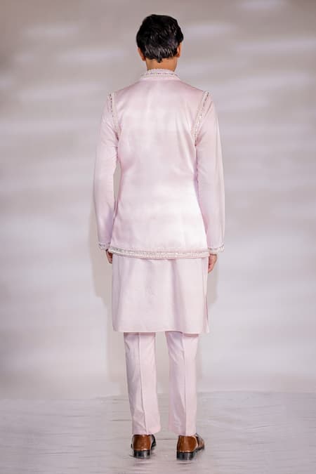 Shop_Jubinav Chadha_Pink Cotton, Silk, Satin Pearls Embroidered Bundi And Kurta Set _at_Aza_Fashions