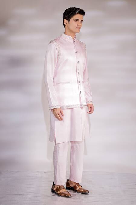 Jubinav Chadha_Pink Cotton, Silk, Satin Pearls Embroidered Bundi And Kurta Set _Online_at_Aza_Fashions
