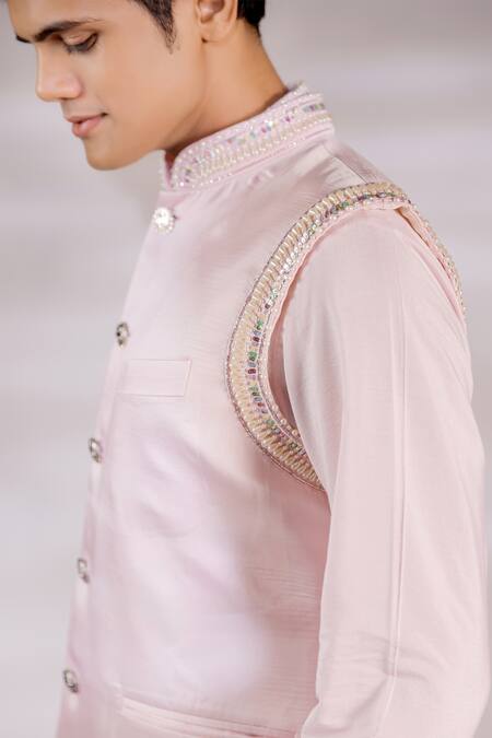 Buy_Jubinav Chadha_Pink Cotton, Silk, Satin Pearls Embroidered Bundi And Kurta Set _Online_at_Aza_Fashions