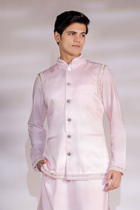 Shop_Jubinav Chadha_Pink Cotton, Silk, Satin Pearls Embroidered Bundi And Kurta Set _Online_at_Aza_Fashions
