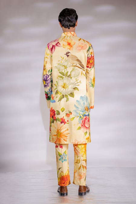 Shop Jubinav Chadha Yellow Cotton, Silk Embroidery Floral Print Straight Kurta Pyjama Set at Aza Fashions Shop_Jubinav Chadha_Yellow Cotton, Silk Embroidery Floral Print Straight Kurta Pyjama Set _at_Aza_Fashions