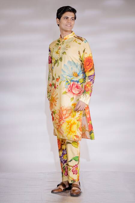 Jubinav Chadha Yellow Cotton, Silk Embroidery Floral Print Straight Kurta Pyjama Set Online at Aza Fashions Jubinav Chadha_Yellow Cotton, Silk Embroidery Floral Print Straight Kurta Pyjama Set _Online_at_Aza_Fashions
