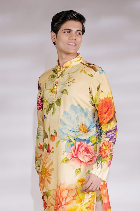 Buy Jubinav Chadha Yellow Cotton, Silk Embroidery Floral Print Straight Kurta Pyjama Set Online at Aza Fashions Buy_Jubinav Chadha_Yellow Cotton, Silk Embroidery Floral Print Straight Kurta Pyjama Set _Online_at_Aza_Fashions