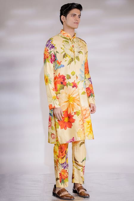 Shop Jubinav Chadha Yellow Cotton, Silk Embroidery Floral Print Straight Kurta Pyjama Set Online at Aza Fashions Shop_Jubinav Chadha_Yellow Cotton, Silk Embroidery Floral Print Straight Kurta Pyjama Set _Online_at_Aza_Fashions