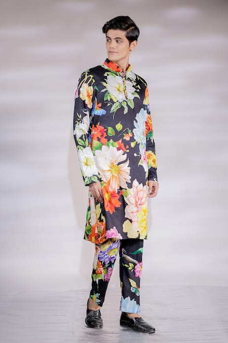 Jubinav Chadha Black Cotton, Silk Embroidery Floral Printed Kurta Set Online at Aza Fashions Jubinav Chadha_Black Cotton, Silk Embroidery Floral Printed Kurta Set _Online_at_Aza_Fashions