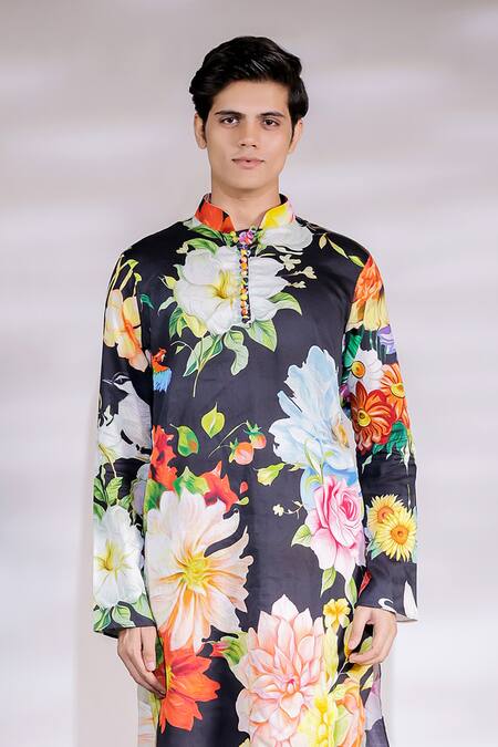 Shop Jubinav Chadha Black Cotton, Silk Embroidery Floral Printed Kurta Set Online at Aza Fashions Shop_Jubinav Chadha_Black Cotton, Silk Embroidery Floral Printed Kurta Set _Online_at_Aza_Fashions