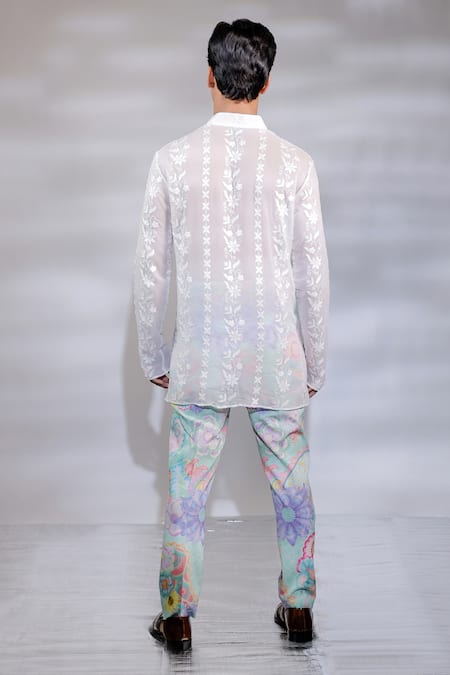 Shop_Jubinav Chadha_Green Crepe Embroidery Floral Print Pant _at_Aza_Fashions