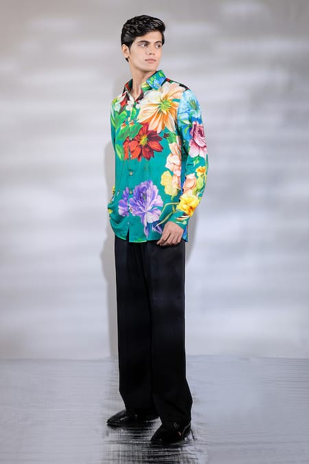 Jubinav Chadha Green Cotton, Silk Embroidery Printed Shirt Online at Aza Fashions Jubinav Chadha_Green Cotton, Silk Embroidery Printed Shirt _Online_at_Aza_Fashions