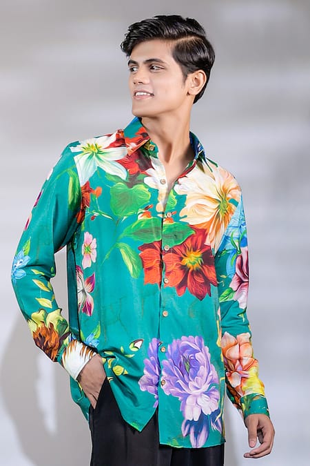 Buy Jubinav Chadha Green Cotton, Silk Embroidery Printed Shirt Online at Aza Fashions Buy_Jubinav Chadha_Green Cotton, Silk Embroidery Printed Shirt _Online_at_Aza_Fashions