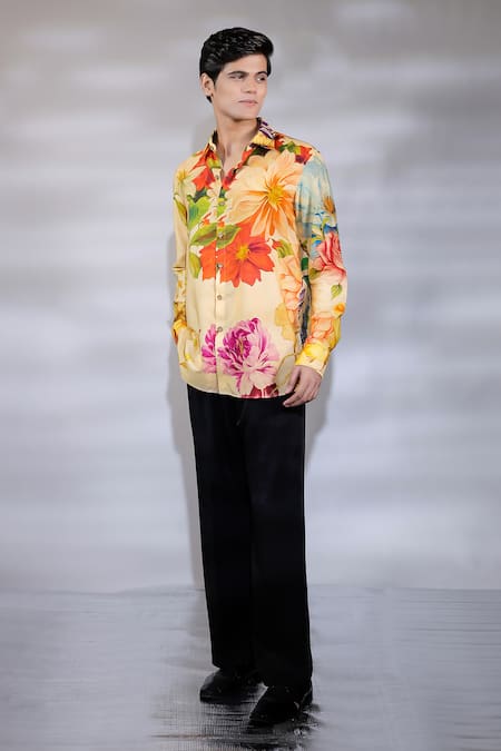 Jubinav Chadha Yellow Cotton, Silk Floral Print Shirt Online at Aza Fashions Jubinav Chadha_Yellow Cotton, Silk Floral Print Shirt _Online_at_Aza_Fashions