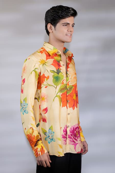 Buy Jubinav Chadha Yellow Cotton, Silk Floral Print Shirt Online at Aza Fashions Buy_Jubinav Chadha_Yellow Cotton, Silk Floral Print Shirt _Online_at_Aza_Fashions