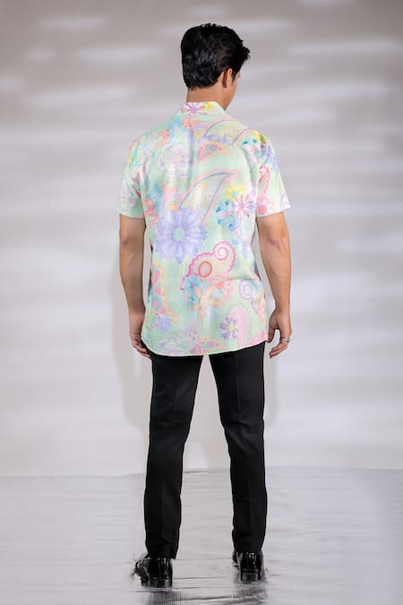 Shop_Jubinav Chadha_Green Cotton, Silk Embroidery Flora And Fauna Print Shirt _at_Aza_Fashions