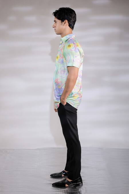 Jubinav Chadha_Green Cotton, Silk Embroidery Flora And Fauna Print Shirt _Online_at_Aza_Fashions