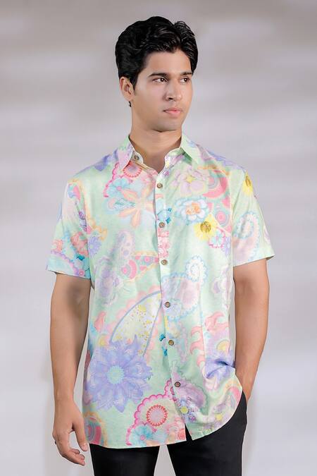 Buy_Jubinav Chadha_Green Cotton, Silk Embroidery Flora And Fauna Print Shirt _Online_at_Aza_Fashions