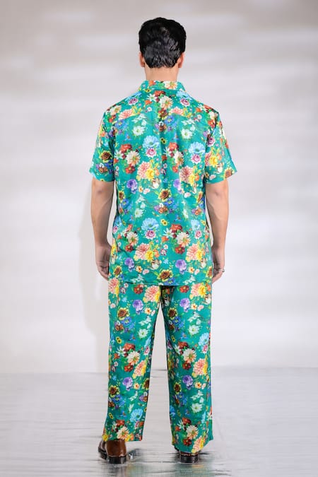 Shop Jubinav Chadha Green Cotton, Silk Floral Print Shirt And Pant Co-ord Set at Aza Fashions Shop_Jubinav Chadha_Green Cotton, Silk Floral Print Shirt And Pant Co-ord Set _at_Aza_Fashions