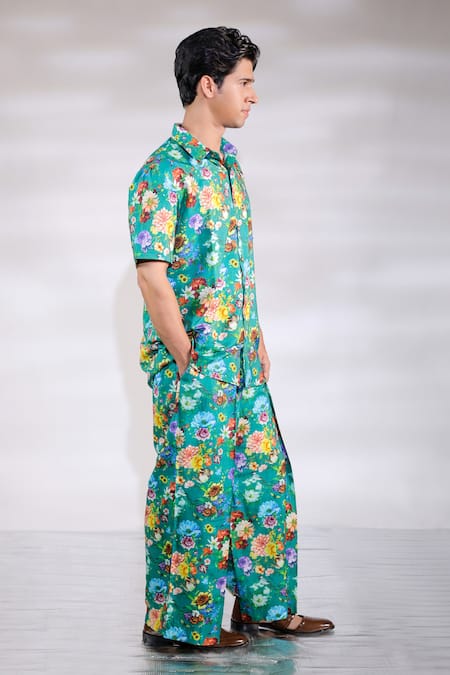 Jubinav Chadha Green Cotton, Silk Floral Print Shirt And Pant Co-ord Set Online at Aza Fashions Jubinav Chadha_Green Cotton, Silk Floral Print Shirt And Pant Co-ord Set _Online_at_Aza_Fashions