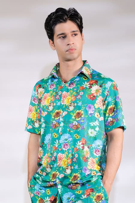 Buy Jubinav Chadha Green Cotton, Silk Floral Print Shirt And Pant Co-ord Set Online at Aza Fashions Buy_Jubinav Chadha_Green Cotton, Silk Floral Print Shirt And Pant Co-ord Set _Online_at_Aza_Fashions