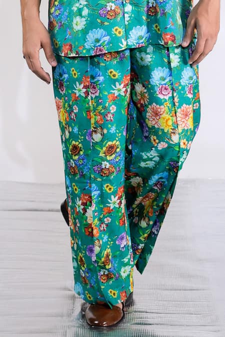 Shop Jubinav Chadha Green Cotton, Silk Floral Print Shirt And Pant Co-ord Set Online at Aza Fashions Shop_Jubinav Chadha_Green Cotton, Silk Floral Print Shirt And Pant Co-ord Set _Online_at_Aza_Fashions