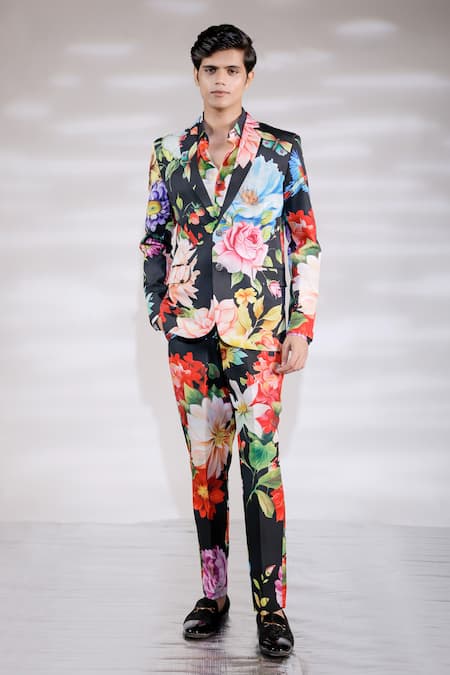 Jubinav Chadha Black Crepe Hand Painted Digital Prints Flora And Fauna Blazer & Pant Set 