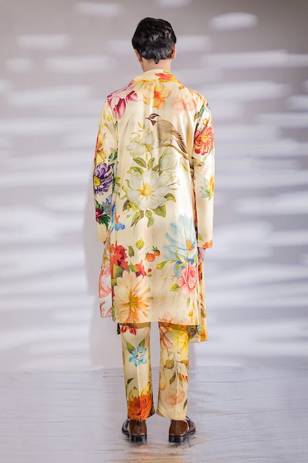 Shop_Jubinav Chadha_Yellow Cotton, Silk Embroidery Floral Print Kurta Set With Stole _at_Aza_Fashions